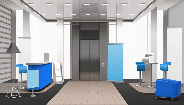 Realistic lobby interior, lift zone, in grey color with blue elements including reception desk, armchair vector illustration