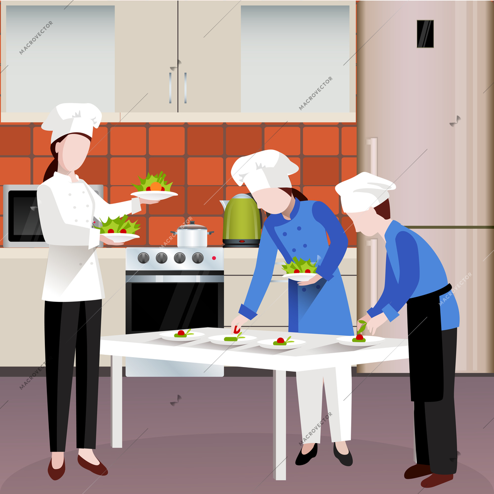 Flat colored Cooking people composition with two cooks serve dishes and the third person works as a waiter vector illustration