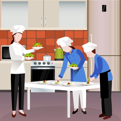 Flat colored Cooking people composition with two cooks serve dishes and the third person works as a waiter vector illustration