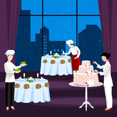 Flat cooking people flyer with the restaurant is decorated and arranged a meal and cake for wedding party vector illustration