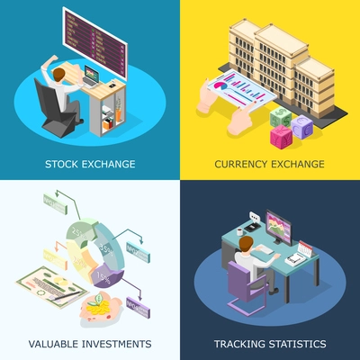 Stock exchange 2x2 design concept with tracking statistics valuable investment currency exchange square icons isometric vector illustration