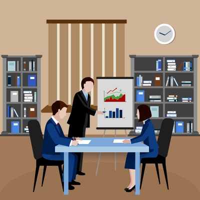 Flat design human resources background with three clerks at business meeting in office vector illustration