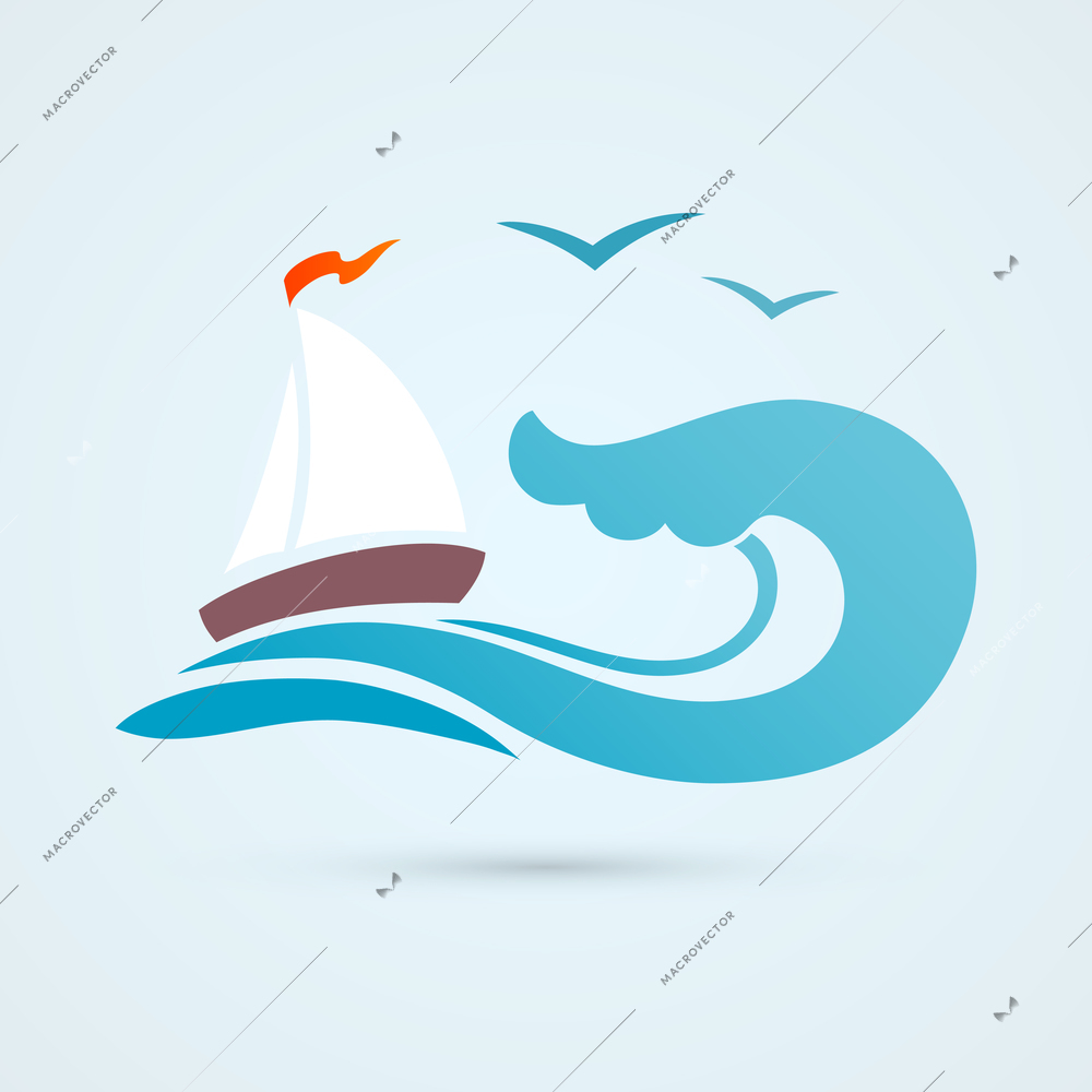 Ocean sea water wave with sailing ship and seagull vector illustration