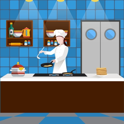 Cooking people composition with man who is cooking pancakes in the kitchen in a restaurant vector illustration