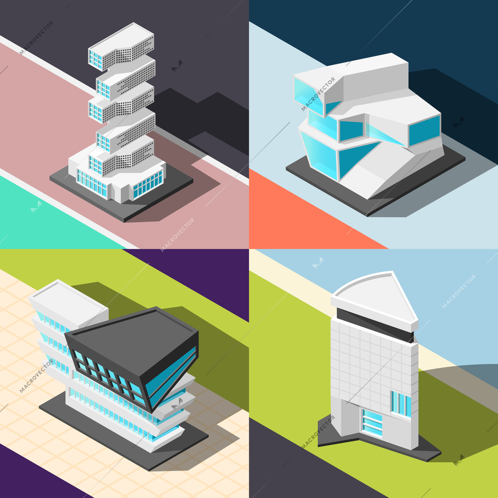 Futuristic architecture 2x2 design concept  with four square elements demonstrating abstract buildings of original and unusual design isometric vector illustration