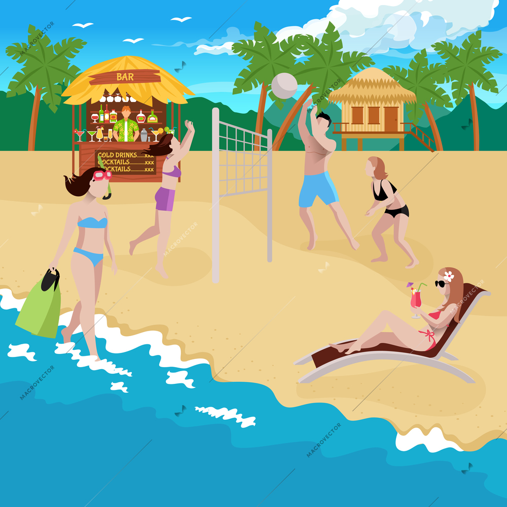 People on beach composition with view of coastline and sandy beach with bar bungalow and volleyball playground vector illustration