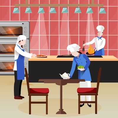 Flat colored cooking people composition with three cafe employees prepare food and clean the room vector illustration