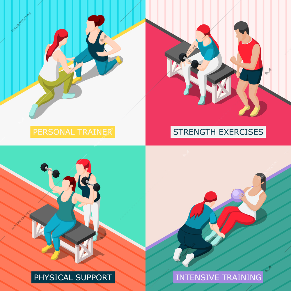 Personal sport trainers 2x2 design concept with physical support strength exercises intensive training square icons isometric vector illustration