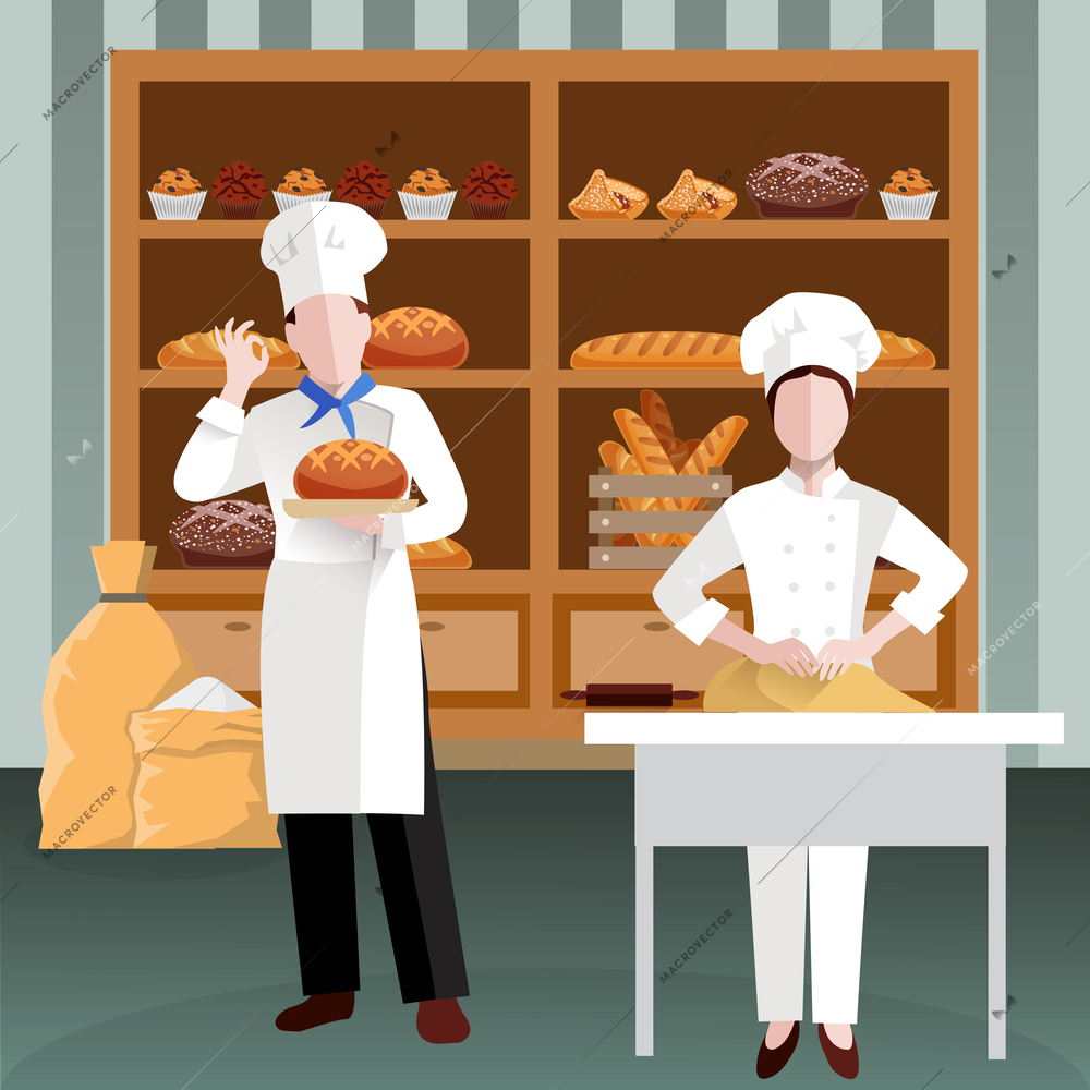 Cooking people colored and flat composition with two bakery employees in the workplace vector illustration