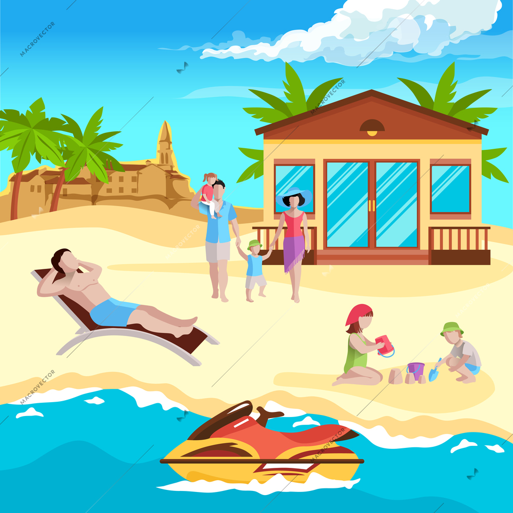 People on beach composition with human characters of different age in sandy expanses with remarkable buildings vector illustration