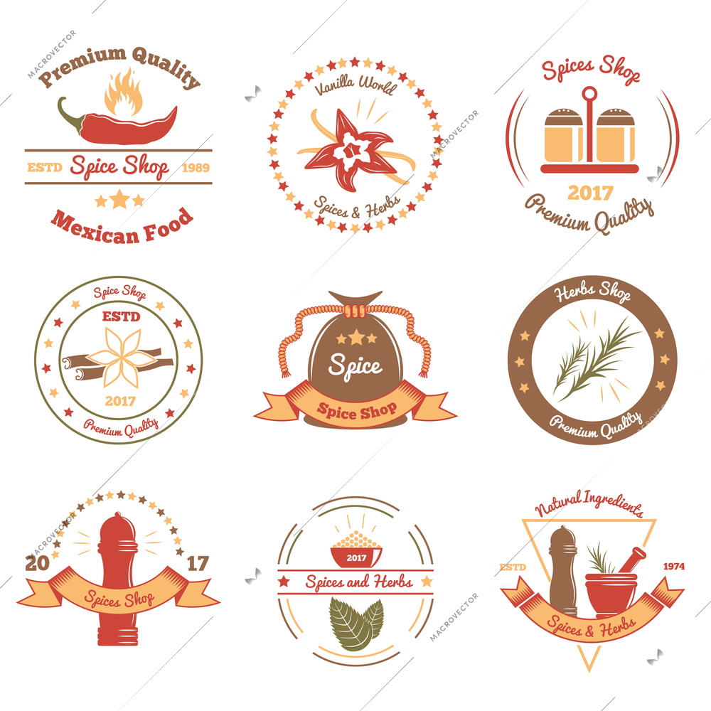 Set of colored emblems for shops of spices and herbs with rosemary, pepper, vanilla isolated vector illustration