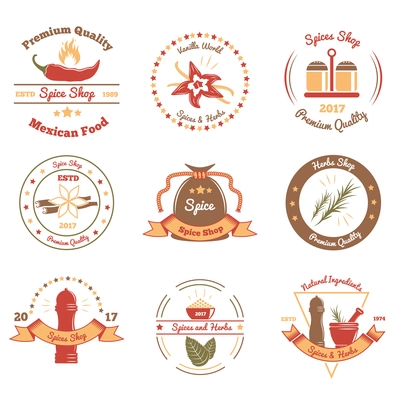 Set of colored emblems for shops of spices and herbs with rosemary, pepper, vanilla isolated vector illustration
