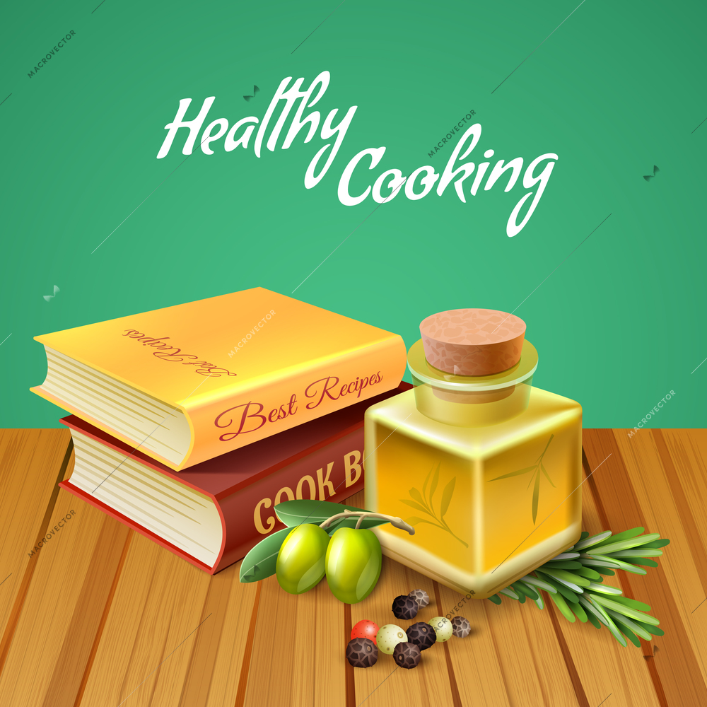 Healthy cooking background with two cookery books olive oil herbs and spices realistic vector illustration