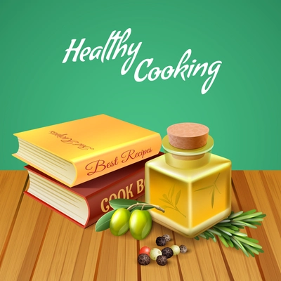 Healthy cooking background with two cookery books olive oil herbs and spices realistic vector illustration