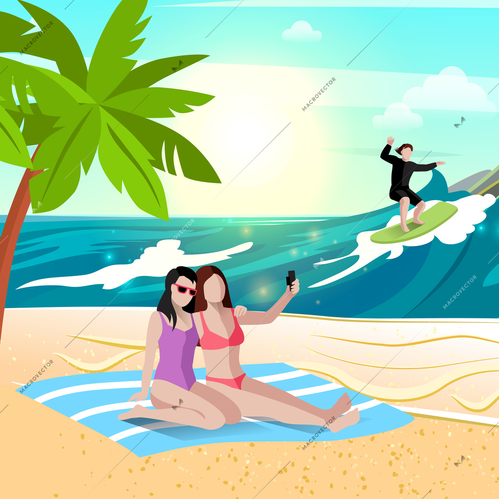 People on beach composition with sea shore landscape flat characters of board surfer and female friends vector illustration