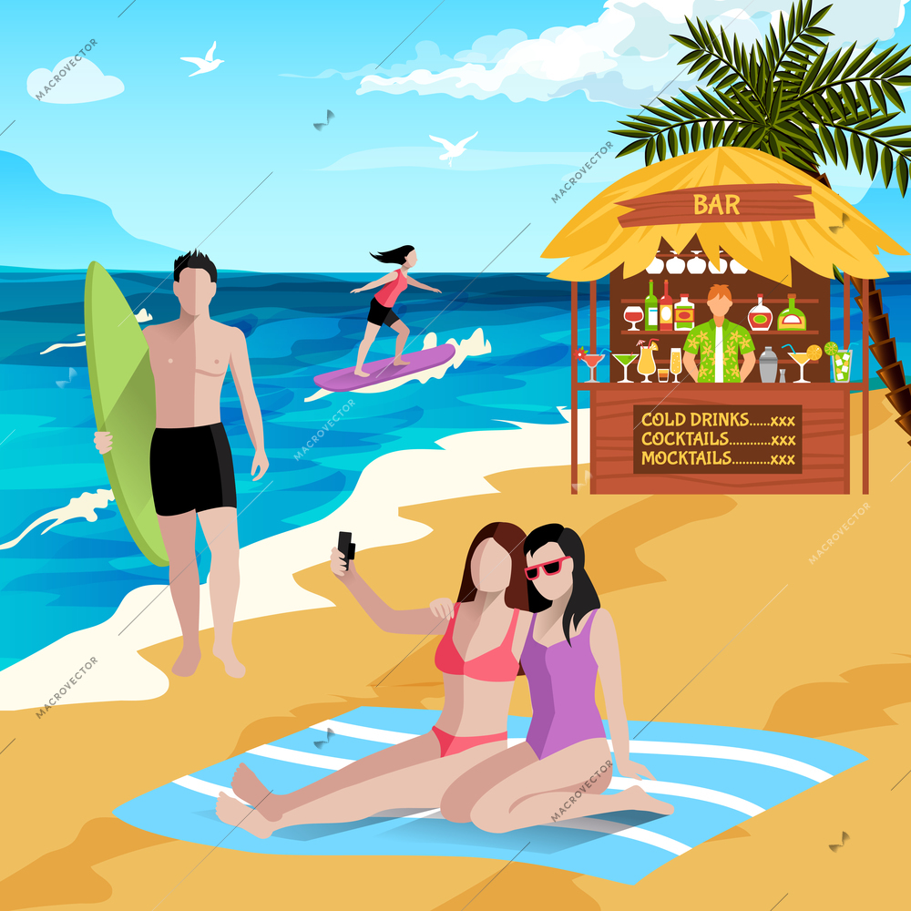 People on beach background with faceless human characters of board surfers vacationers making selfies with beach bar vector illustration