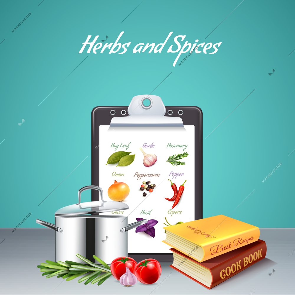 Realistic background with list of various herbs and spices two cook books and big pan vector illustration