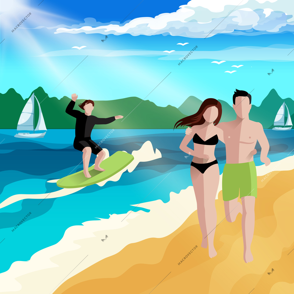 People on beach background with summer landscape and characters of board surfer and couple running along beach vector illustration