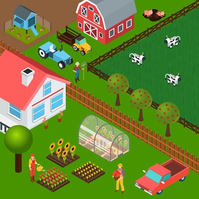 Isometric background with different farm buildings farmers working in garden and grazing cattle 3d vector illustration