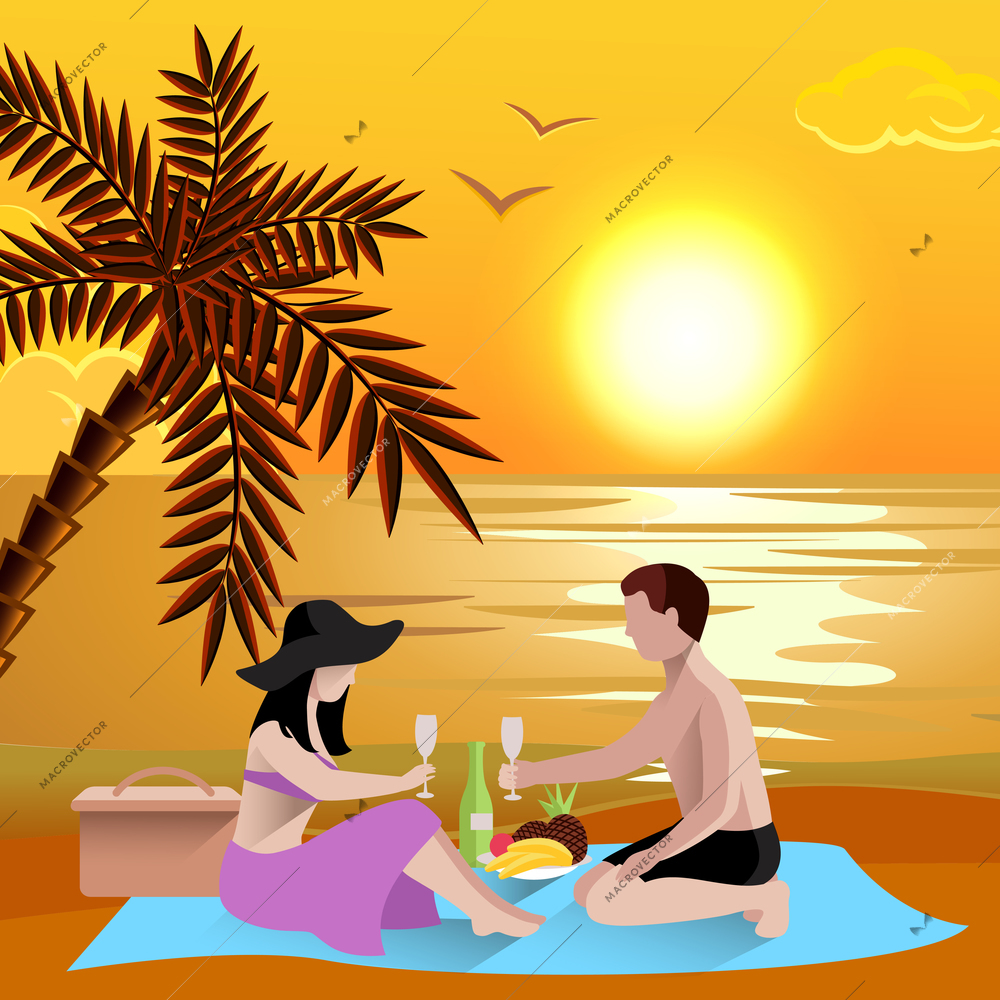 People on beach composition with coastal sundown scenery with sea and a couple having romantic date vector illustration