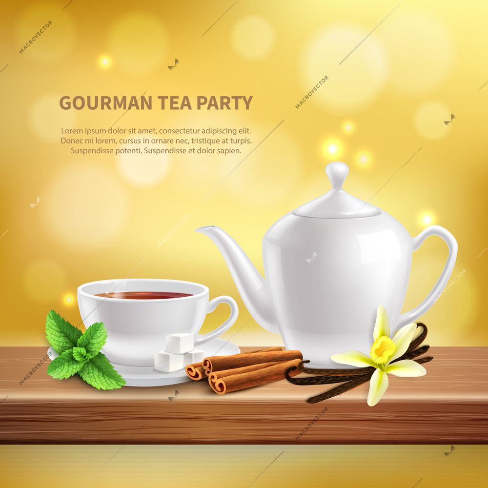 Teapot and cup with delicious hot tea with different herbs ans spices realistic background vector illustration