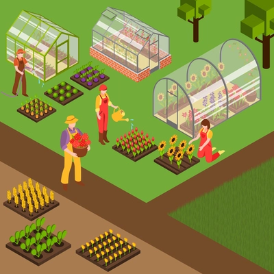 Farmers watering flowers and working in garden of farm isometric background 3d vector illustration