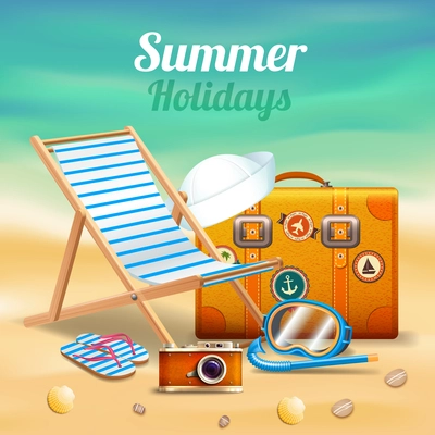 Beautiful summer holidays realistic composition with sunbed and suitcase on shore of the turquoise sea vector illustration