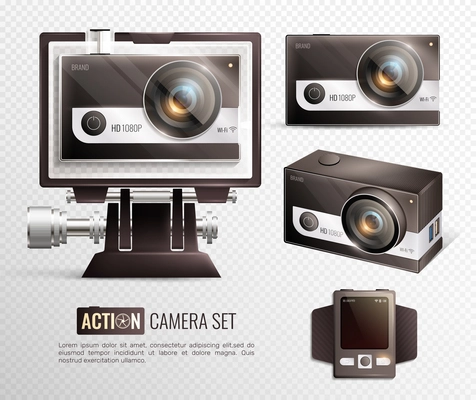 Action camera realistic transparent set with waterproof case isolated vector illustration