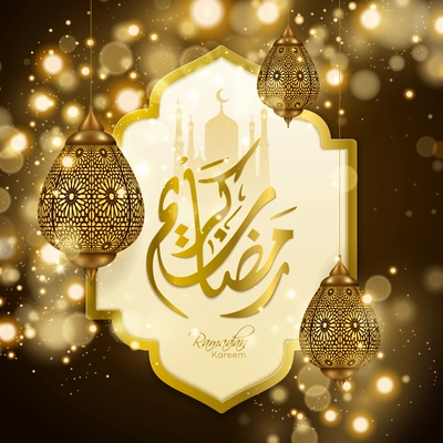 Ramadan kareem holy month festivities magical lights background poster with golden lanterns  bubbles blurs greeting vector illustration