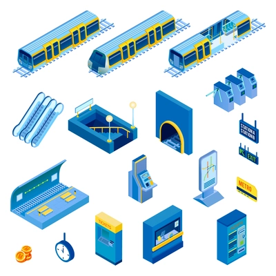 Isometric set of various underground metro station elements with escalator tunnel train turnstile isolated on white background 3d vector illustration