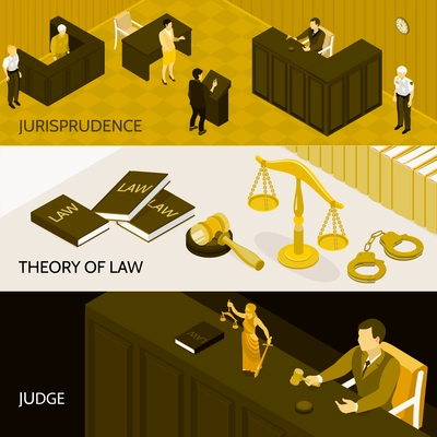 Isometric set of three horizontal banners with theory of law books court room and judge 3d isolated vector illustration