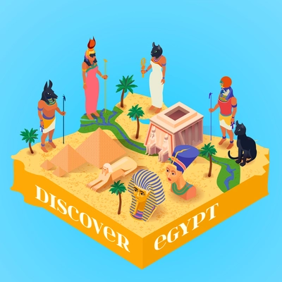 Discover egypt isometric poster with ancient egyptian gods and pyramids on blue background 3d vector illustration