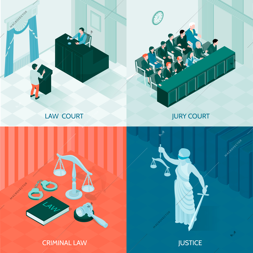 Symbols of law and justice and jury court isometric 2x2 design concept on colorful background 3d vector illustration