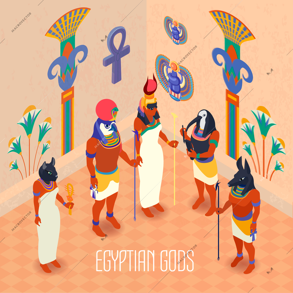 Egyptian ancient gods and goddesses in colorful masks isometric 3d vector illustration