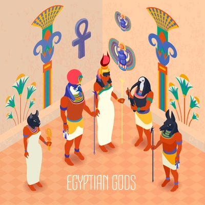 Egyptian ancient gods and goddesses in colorful masks isometric 3d vector illustration