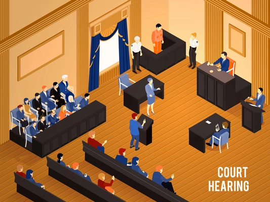 Court hearing with judge jury and witnesses 3d isometric vector illustration