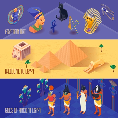 Isometric horizontal banners set with ancient egyptian gods and art 3d isolated vector illustration