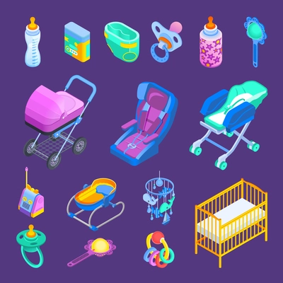 Newborn baby accessories isometric set with rocker crib bottle dummy pram stroller car seat isolated vector illustration