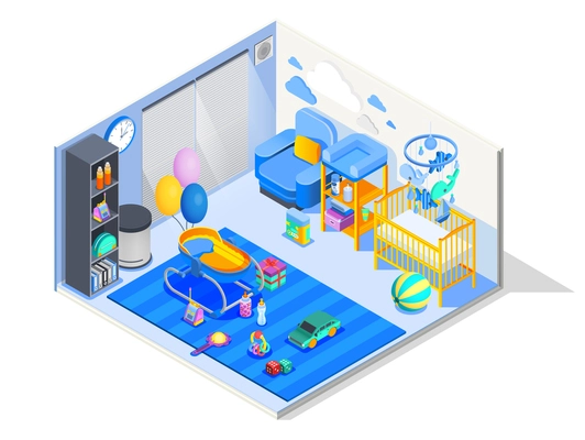 Newborn baby room isometric composition with nursery furniture crib bouncer changing table play mat toys vector illustration