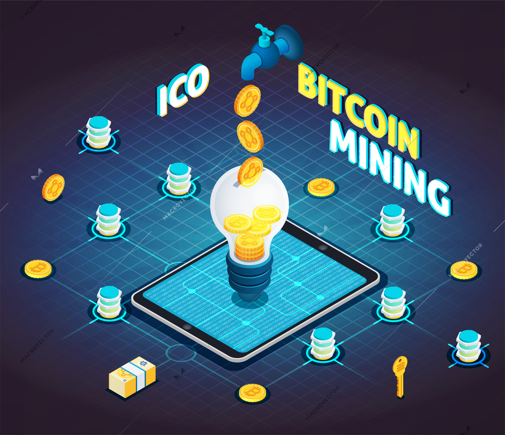 Cryptocurrency block chain mining isometric flowchart with initial coin offering light bulb on tablet screen vector illustration