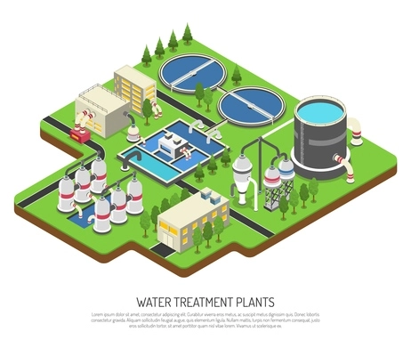 Water treatment plants isometric vector illustration with storage tank distribution   prefiltration and final filtration units