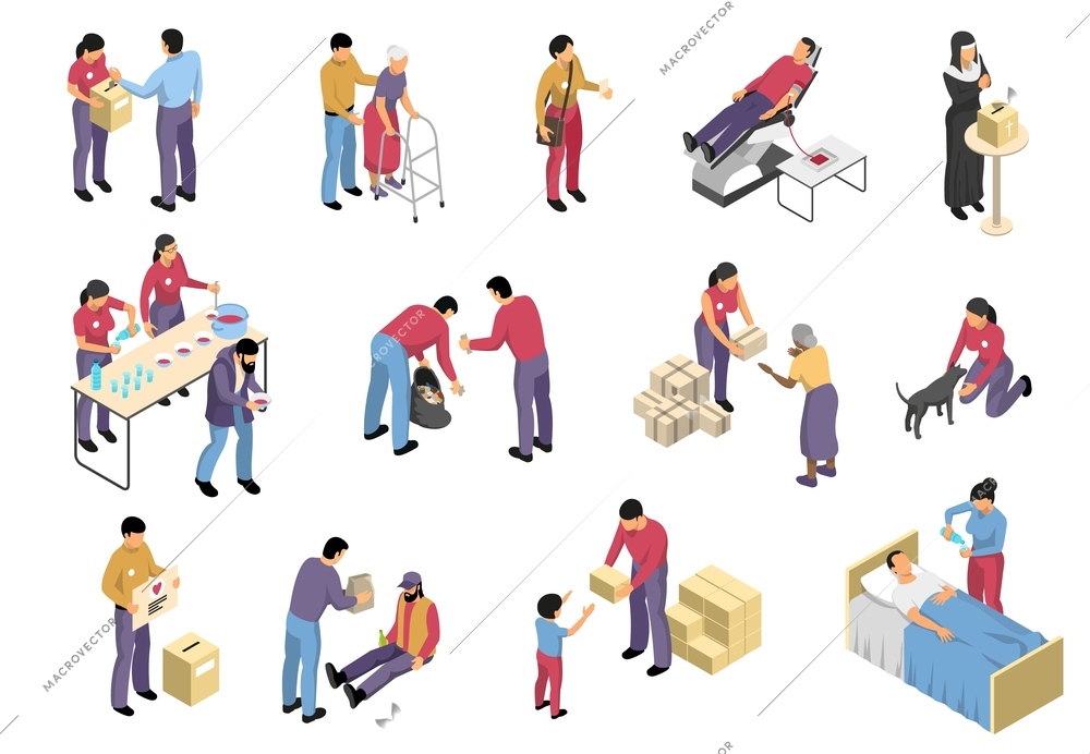 Charity isometric set with volunteers involved in social support and medical care to diseased elderly and homeless people isolated vector illustration