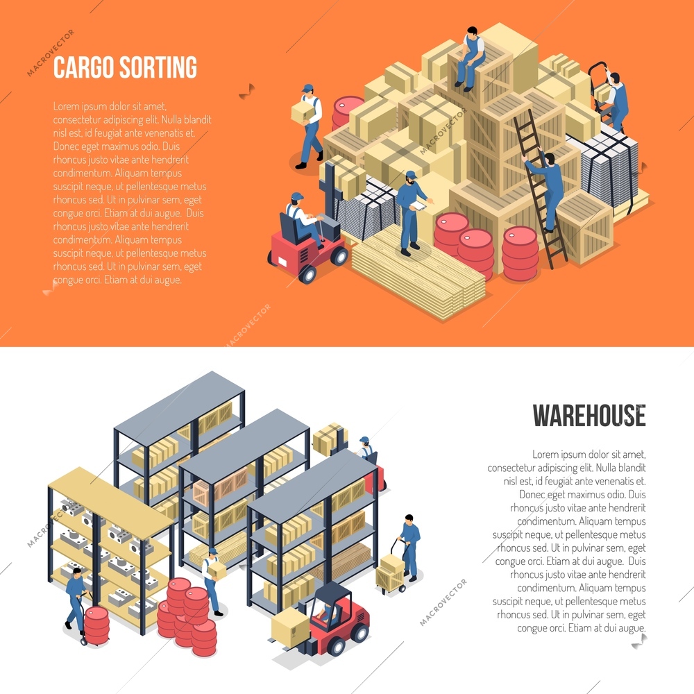 Warehouse isometric banners with racks of goods and workers engaged in cargo sorting vector illustration