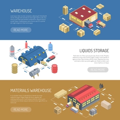 Warehouse horizontal banners with liquids storage and materials store building isometric images vector illustration