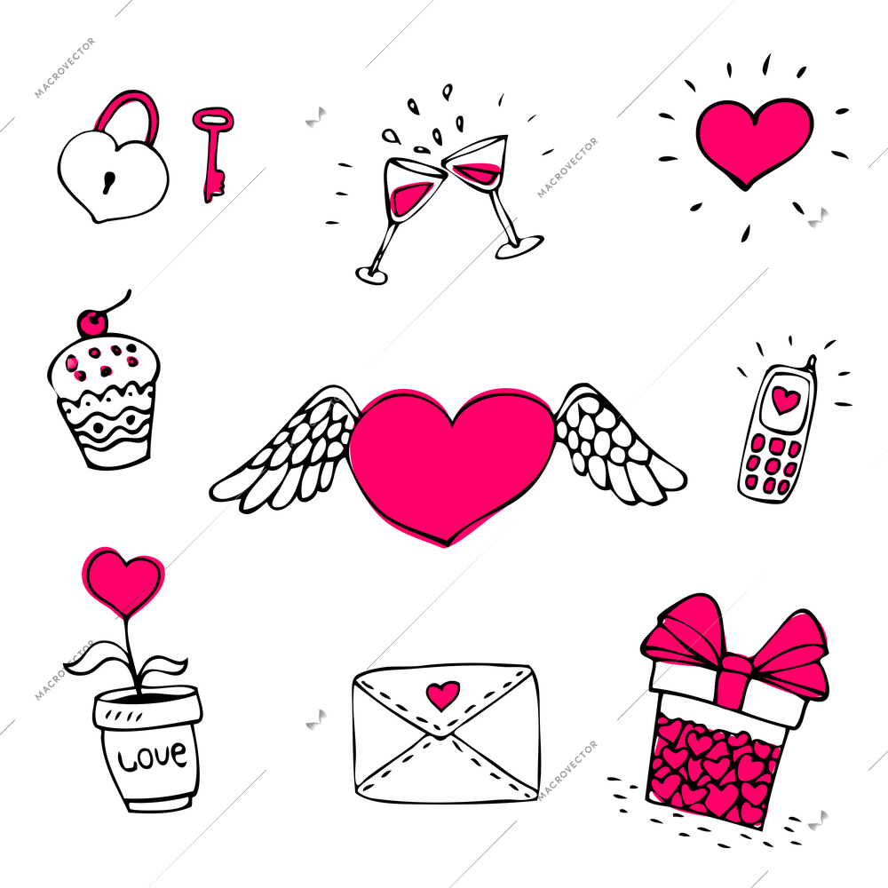 Doodle love icons set vector illustration isolated