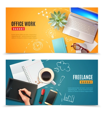 Set of horizontal banners 3d office objects on yellow and blue background isolated vector illustration