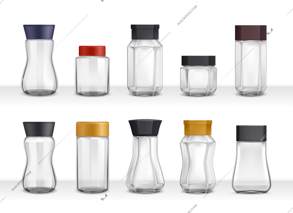 Instant coffee 10 empty realistic various shape glass and plastic jars packaging collection 3d isolated vector illustration