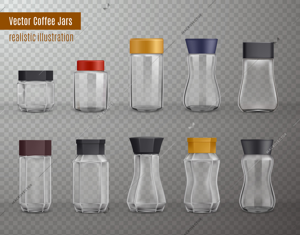 Instant coffee empty realistic various shape glass and plastic jars packaging collection on transparent background vector illustration