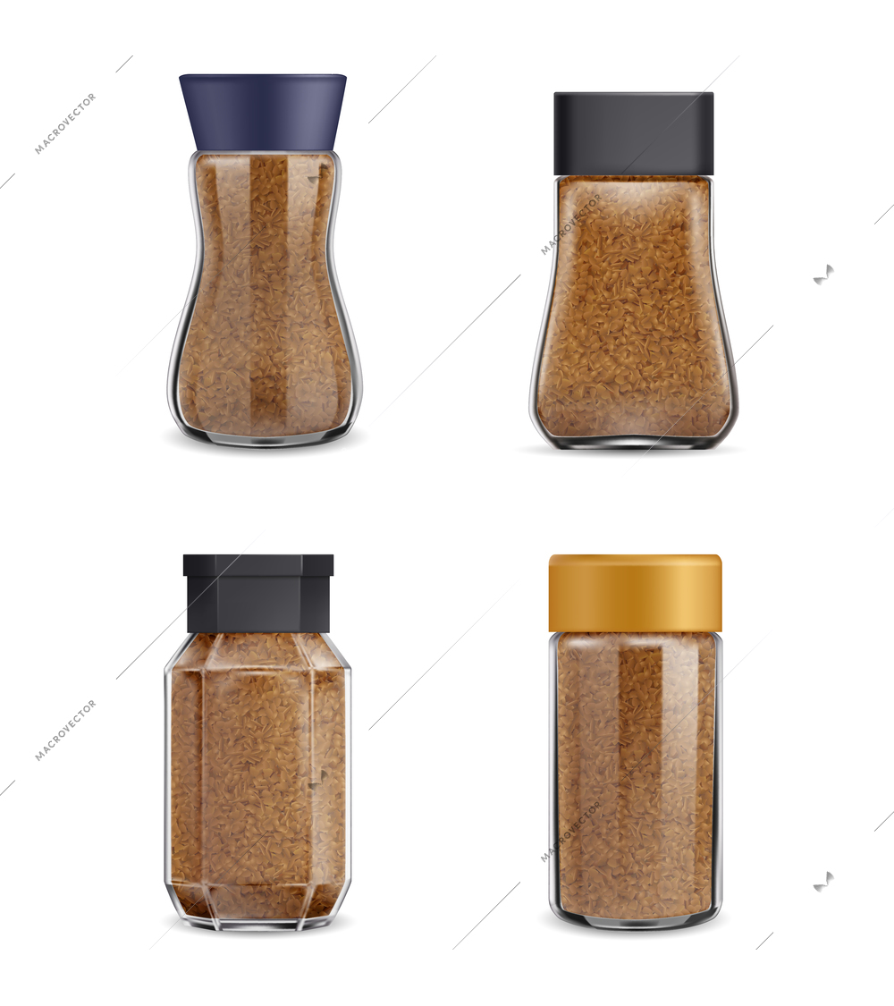 Instant coffee 4 realistic various shape glass and plastic jars packaging set 3d isolated images vector illustration