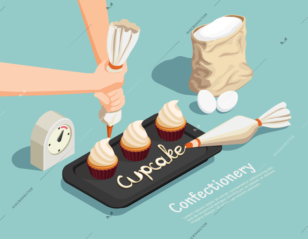 Confectionery chef isometric concept with cupcake and cream symbols vector illustration